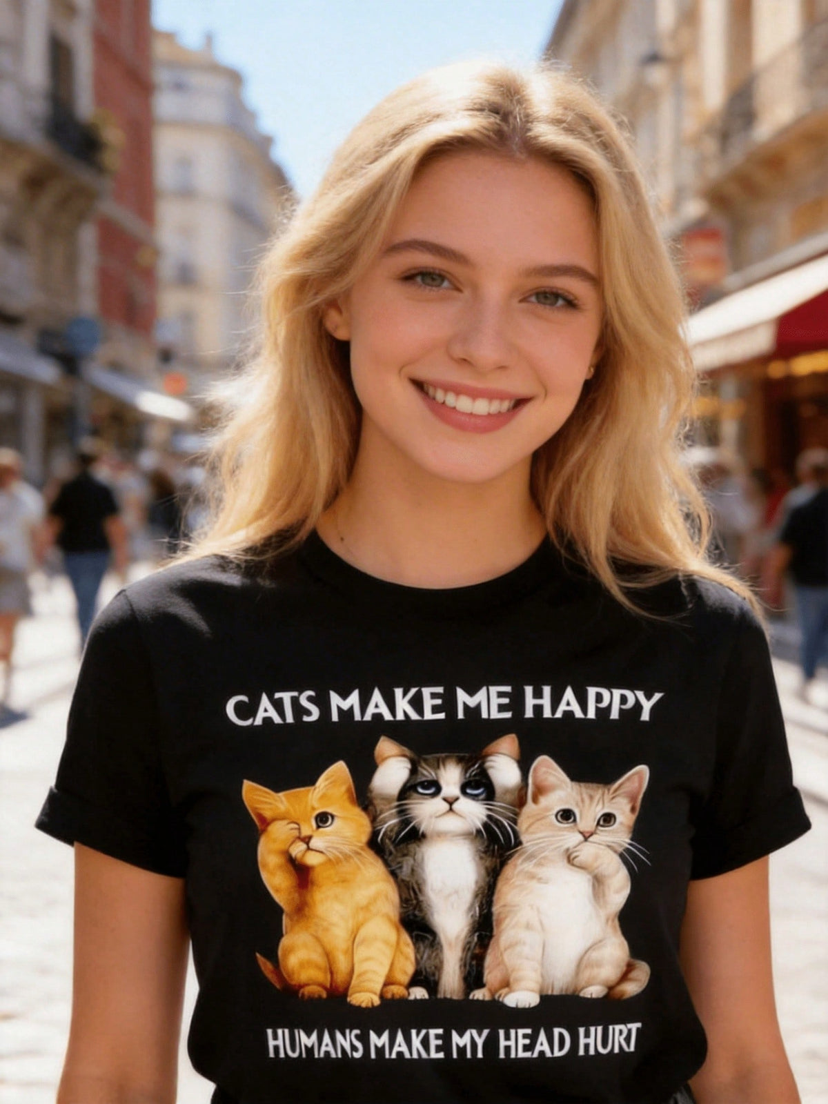 Cats Make Me Happy Graphic Crew Neck Tee Oversized Comfort Short Sleeve Top