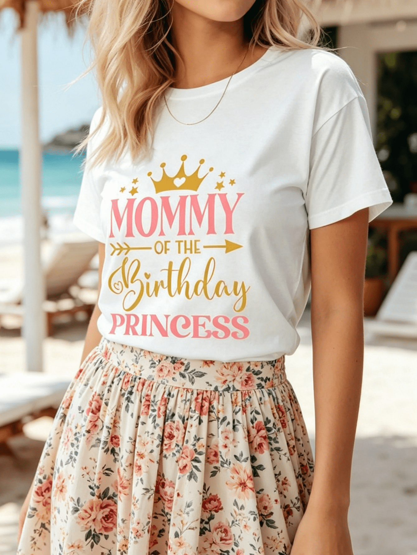 Mommy Of The Birthday Princess Gold Crown Pink Text White Short Sleeve Tee Top