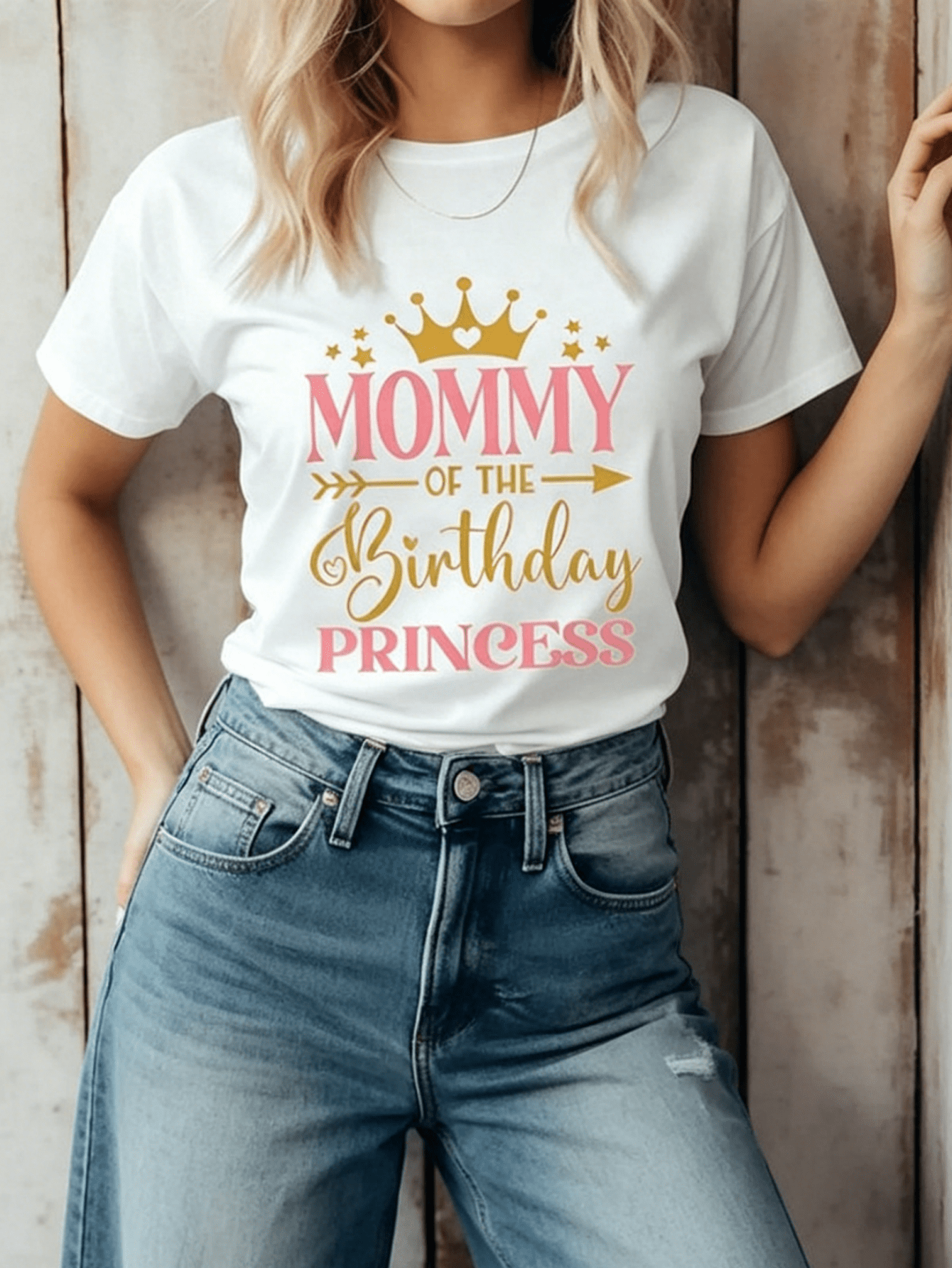 Mommy Of The Birthday Princess Gold Crown Pink Text White Short Sleeve Tee Top