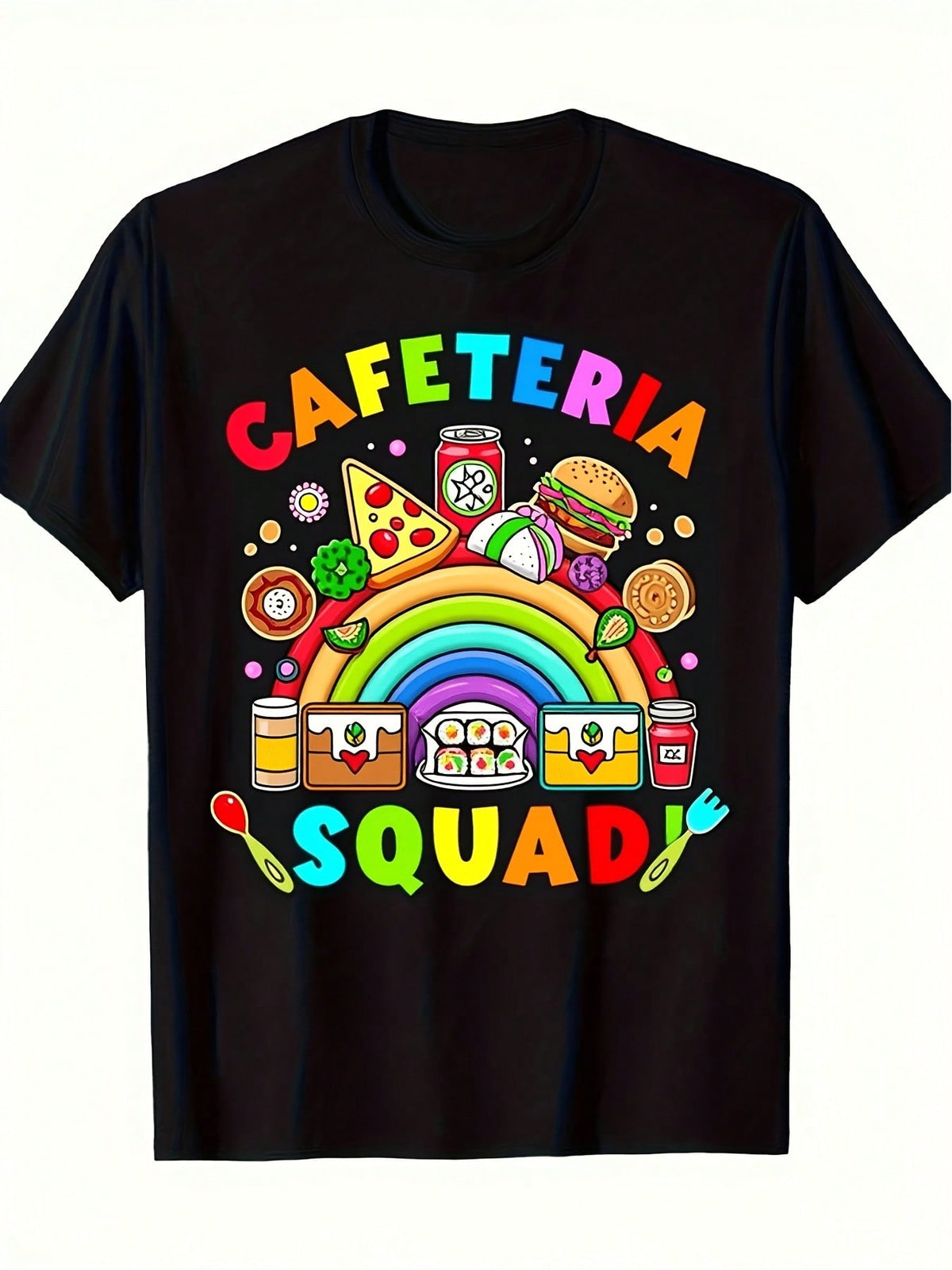 Cafeteria Squad School Lunch Crew Rainbow Food Print Short Sleeve Tee Crew Neck Top