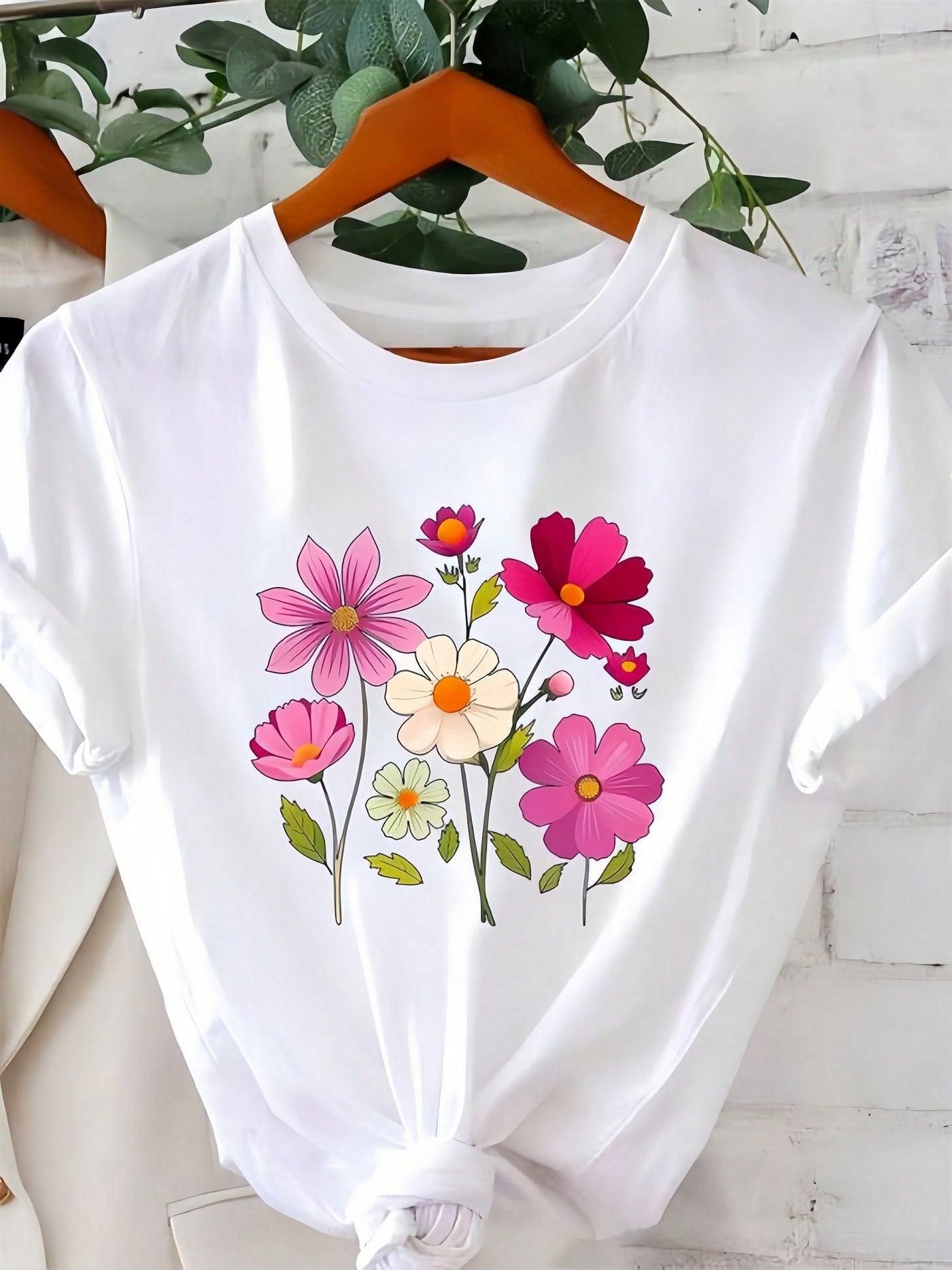 Colorful Floral Print White Cotton Short Sleeve Tee Crew Neck Casual Top
