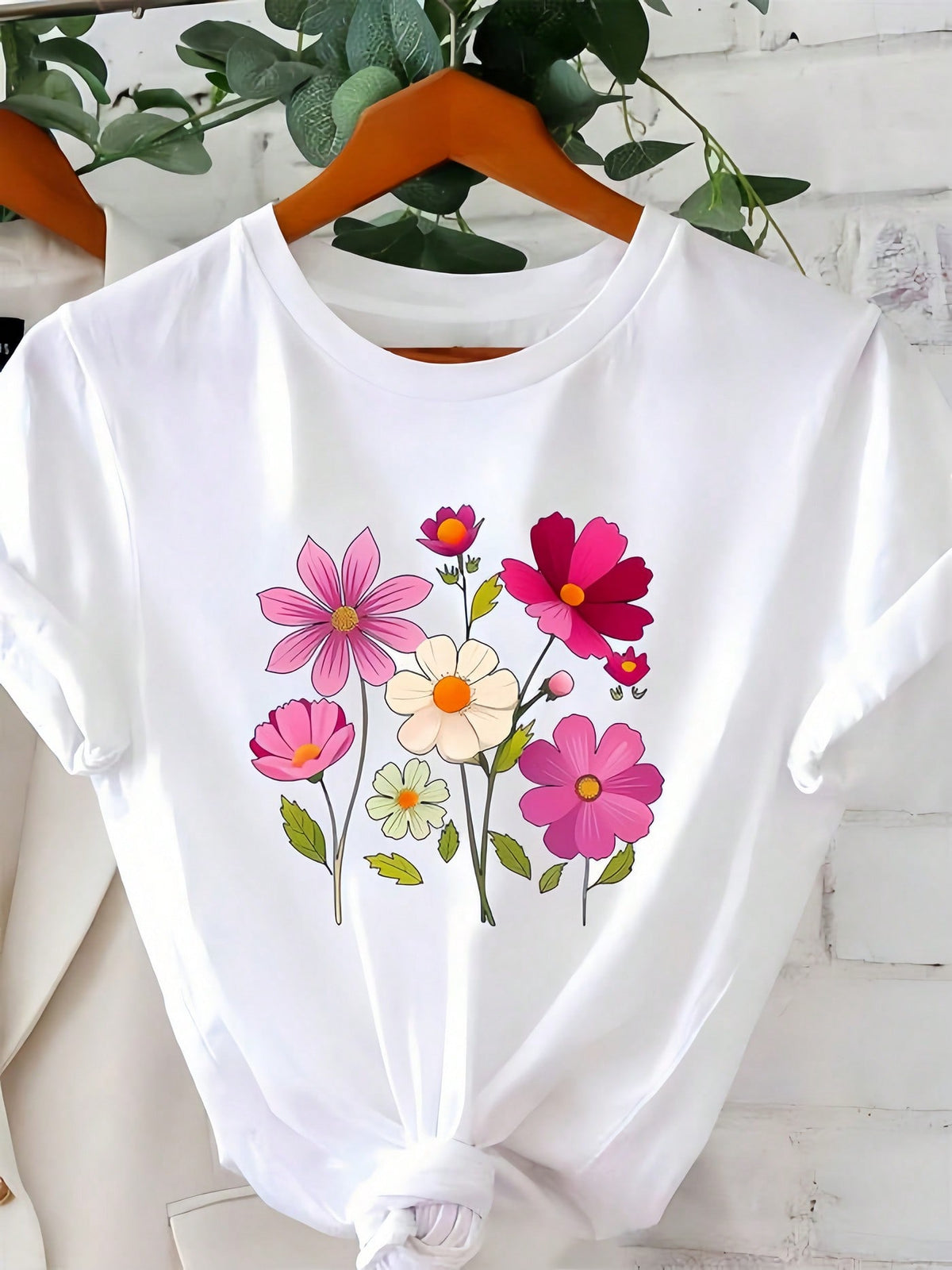 Colorful Floral Print White Cotton Short Sleeve Tee Crew Neck Casual Top