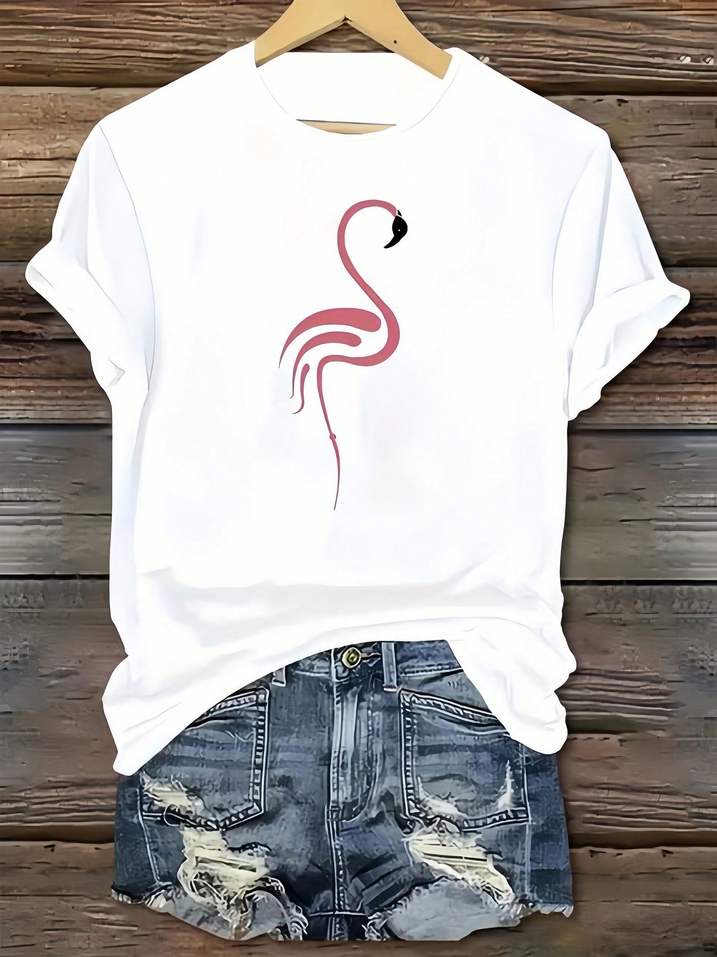 Flamingo Art Print White Cotton Short Sleeve Tee Crew Neck Casual Top