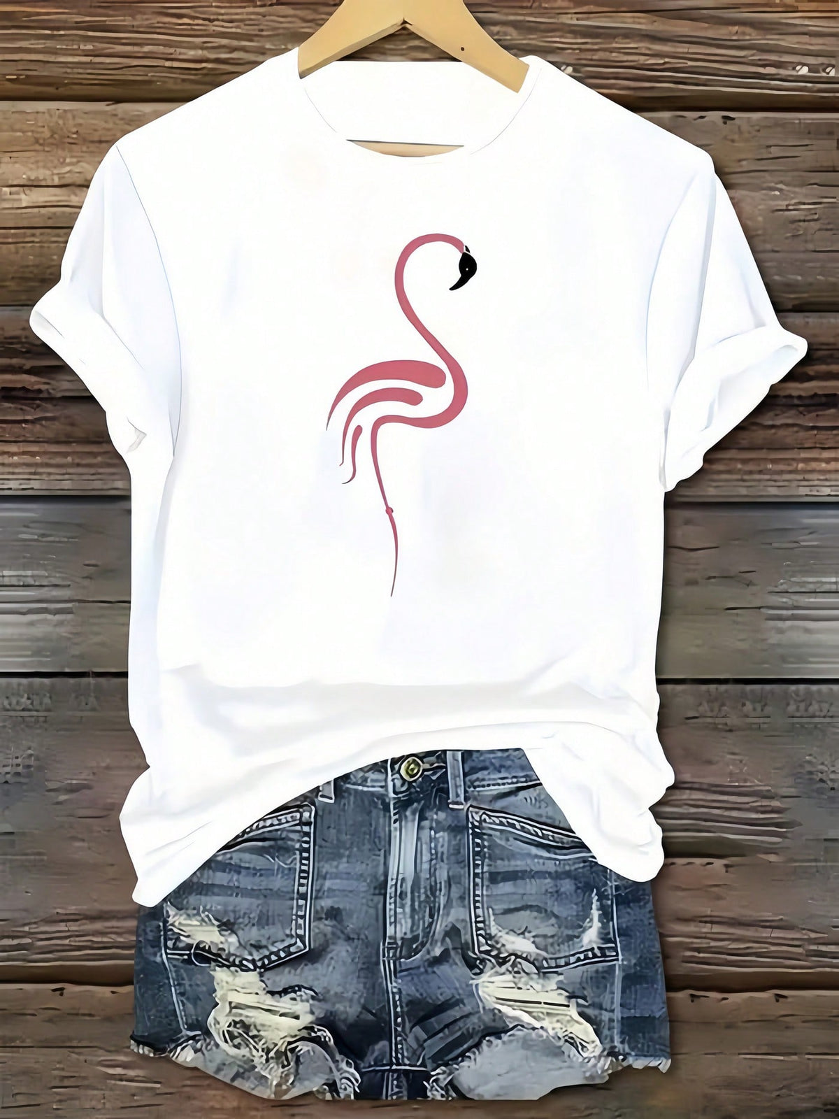 Flamingo Art Print White Cotton Short Sleeve Tee Crew Neck Casual Top