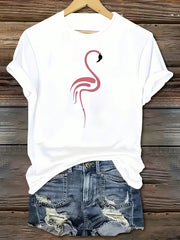 Flamingo Art Print White Cotton Short Sleeve Tee Crew Neck Casual Top