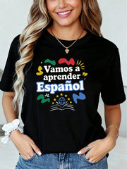 Lets Learn Spanish Print Short Sleeve Tee Summer Casual Crew Neck Top