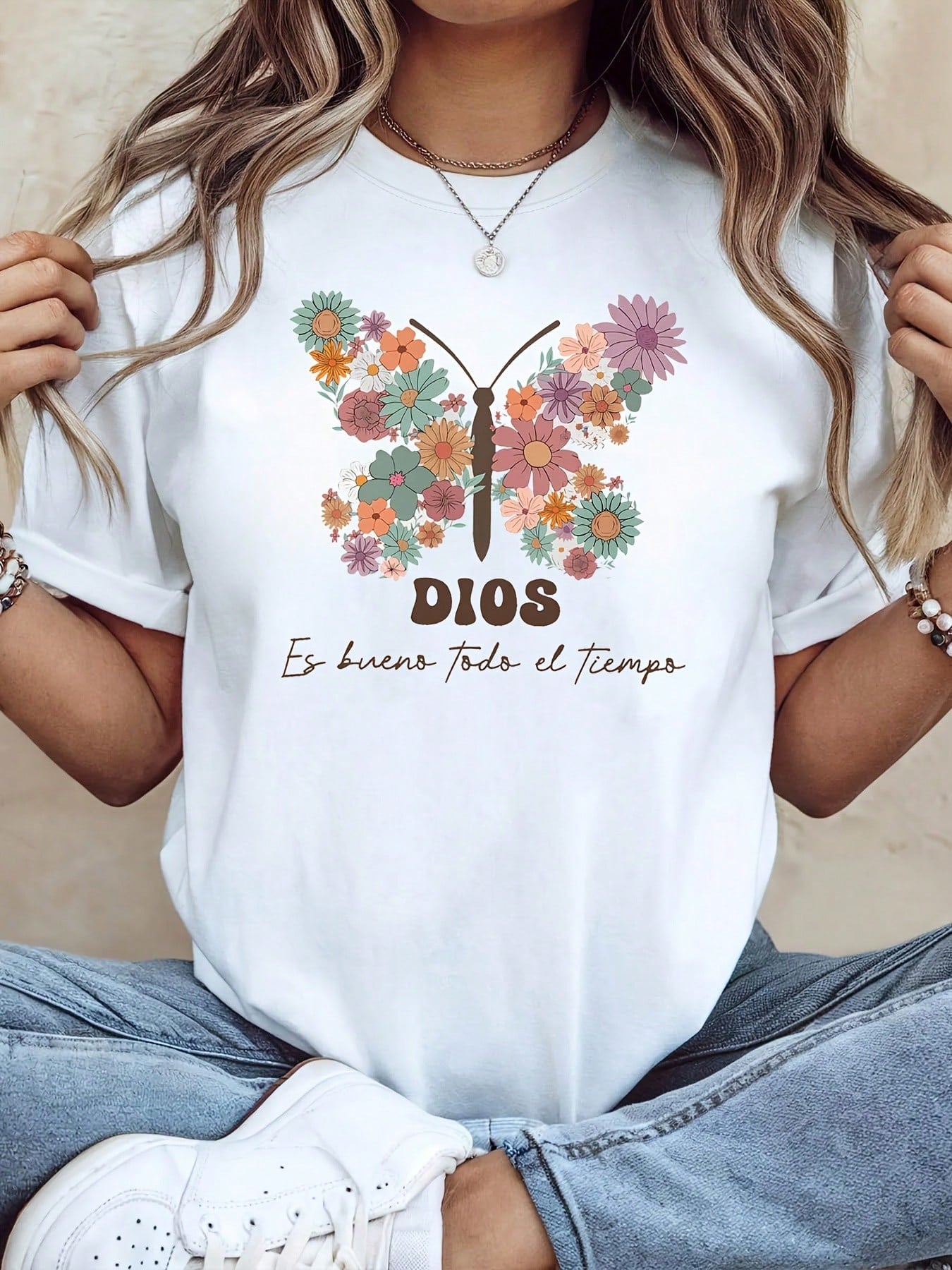 Spanish Religious Graphic Crew Neck Tee Flower Butterfly Spring Summer Top