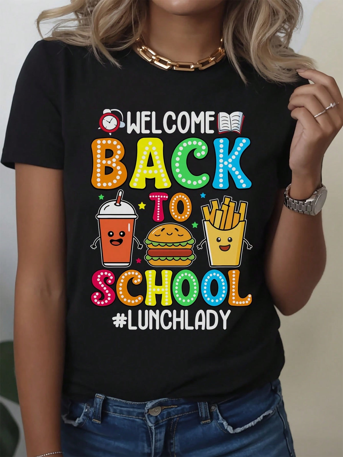 LunchLady Print Soft Black Short Sleeve Tee Crew Neck Casual Top