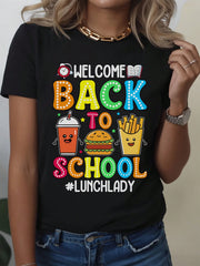 LunchLady Print Soft Black Short Sleeve Tee Crew Neck Casual Top