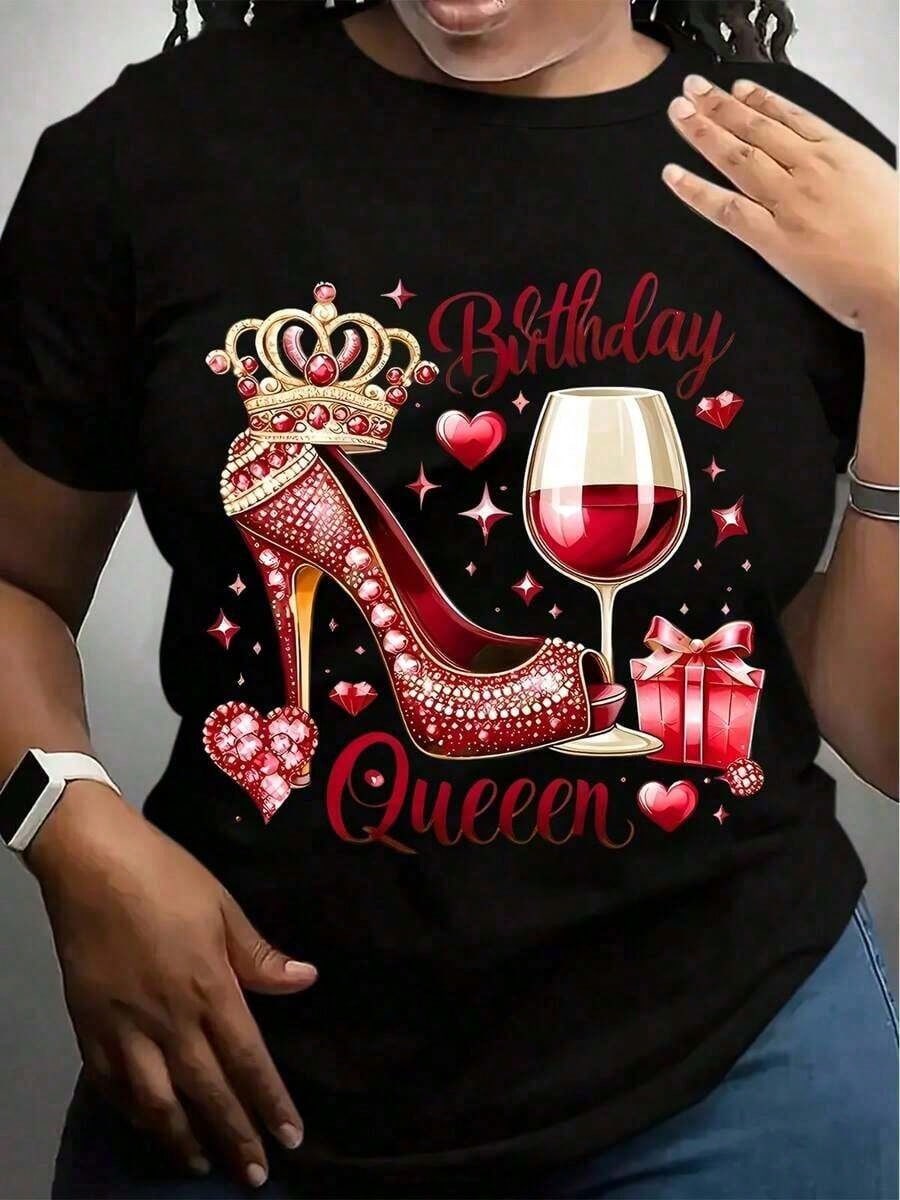 Birthday Queen Red High Heels Crown Wine Glass Print Short Sleeve Tee Top