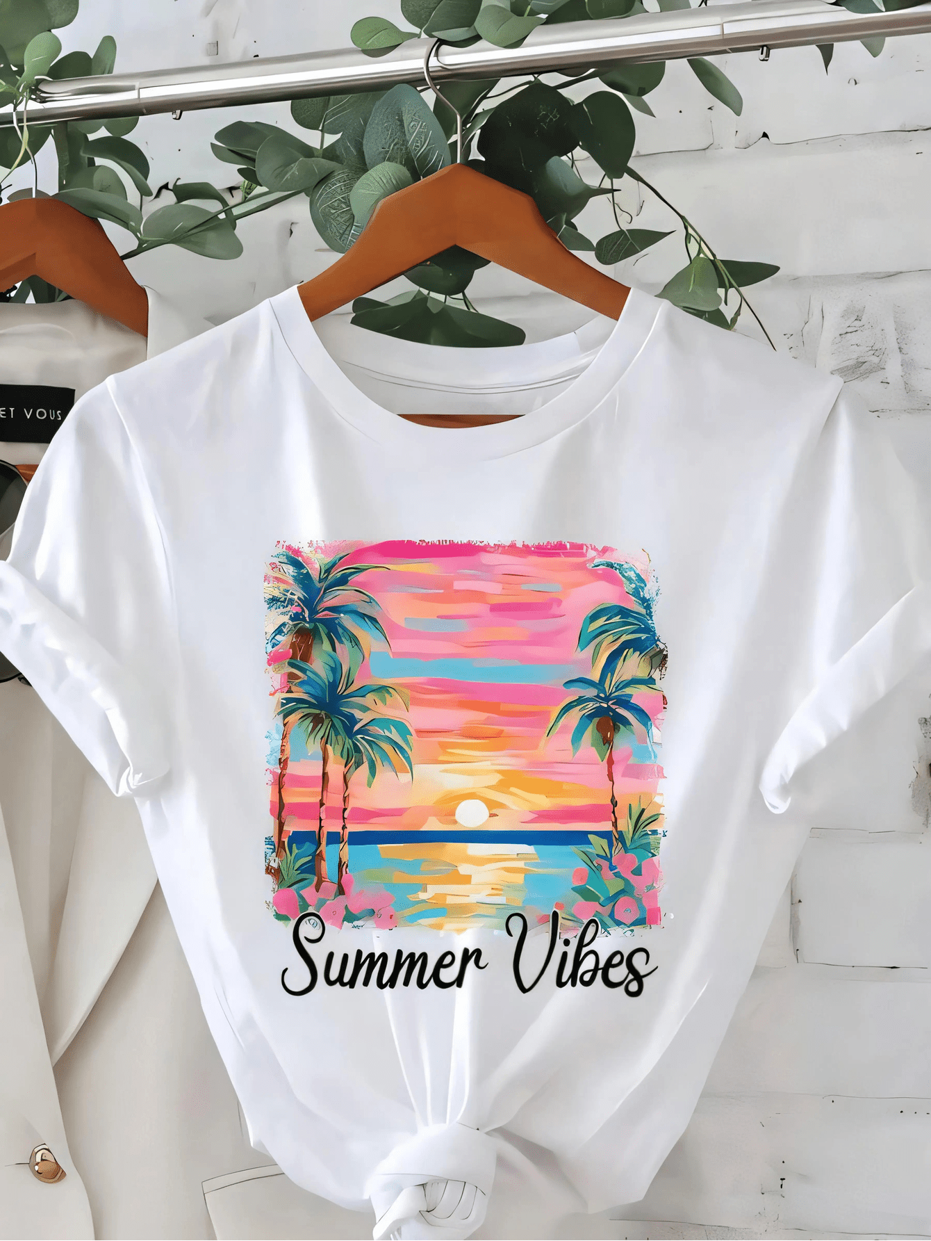 Palm Tree Print Tee Summer Vibes Breathable Crew Neck Summer Casual Top