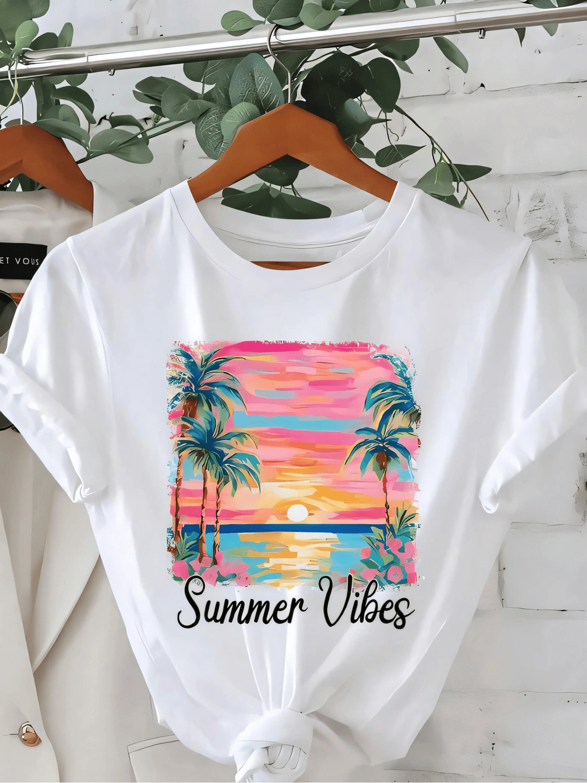 Palm Tree Print Tee Summer Vibes Breathable Crew Neck Summer Casual Top