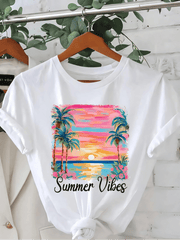 Palm Tree Print Tee Summer Vibes Breathable Crew Neck Summer Casual Top