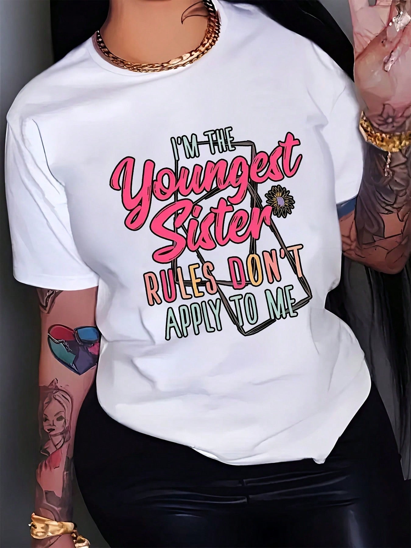 Little Sister Graphic Crew Neck Tee Black Pink Blue Quote Short Sleeve Top