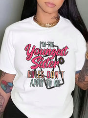 Little Sister Graphic Crew Neck Tee Black Pink Blue Quote Short Sleeve Top