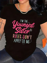 Little Sister Graphic Crew Neck Tee Black Pink Blue Quote Short Sleeve Top