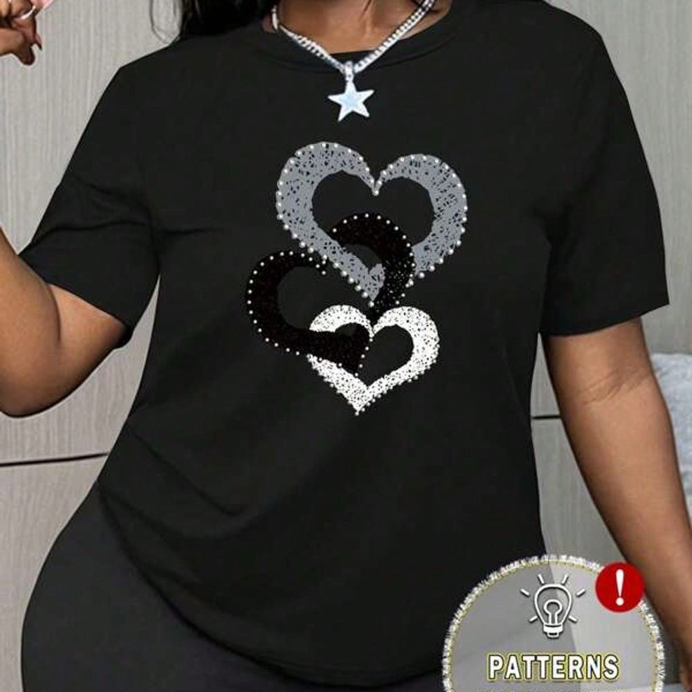 Heart Print Slim Fit Short Sleeve Tee Casual Crew Neck Top