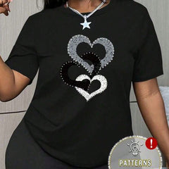 Heart Print Slim Fit Short Sleeve Tee Casual Crew Neck Top