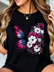 Butterfly Floral Print White Cotton Short Sleeve Tee Crew Neck Casual Top
