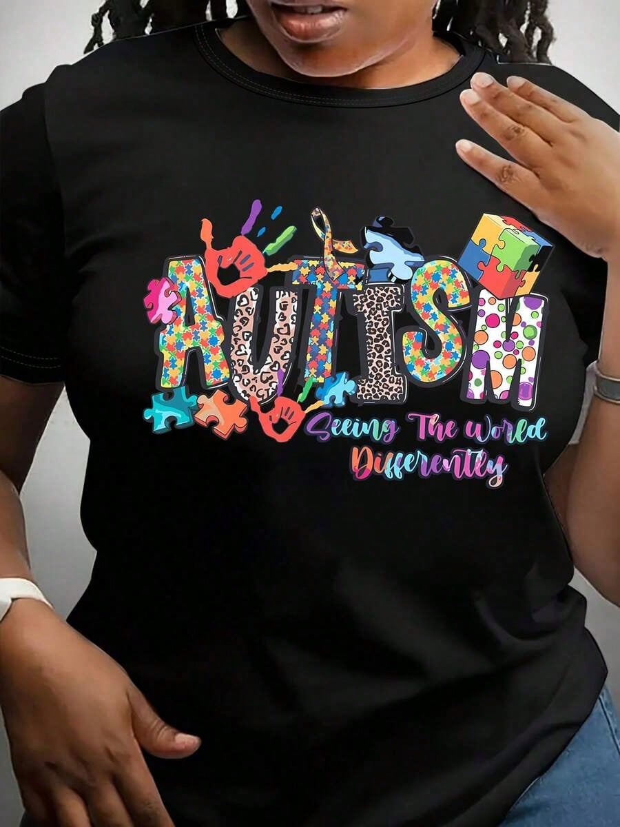 Autism Awareness Graphic Crew Neck Tee Autism Casual Short Sleeve Top