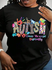 Autism Awareness Graphic Crew Neck Tee Autism Casual Short Sleeve Top