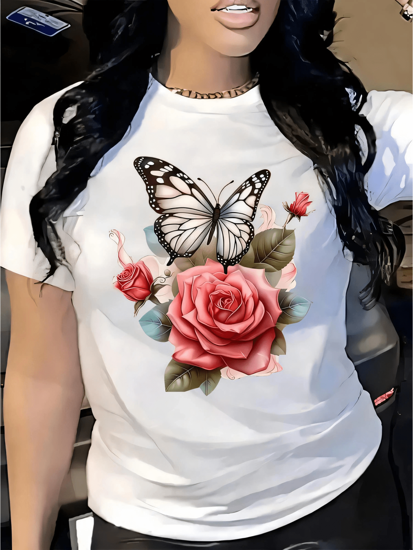 Butterfly Rose Print White Cotton Short Sleeve Tee Crew Neck Casual Top