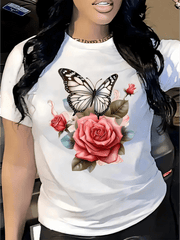 Butterfly Rose Print White Cotton Short Sleeve Tee Crew Neck Casual Top