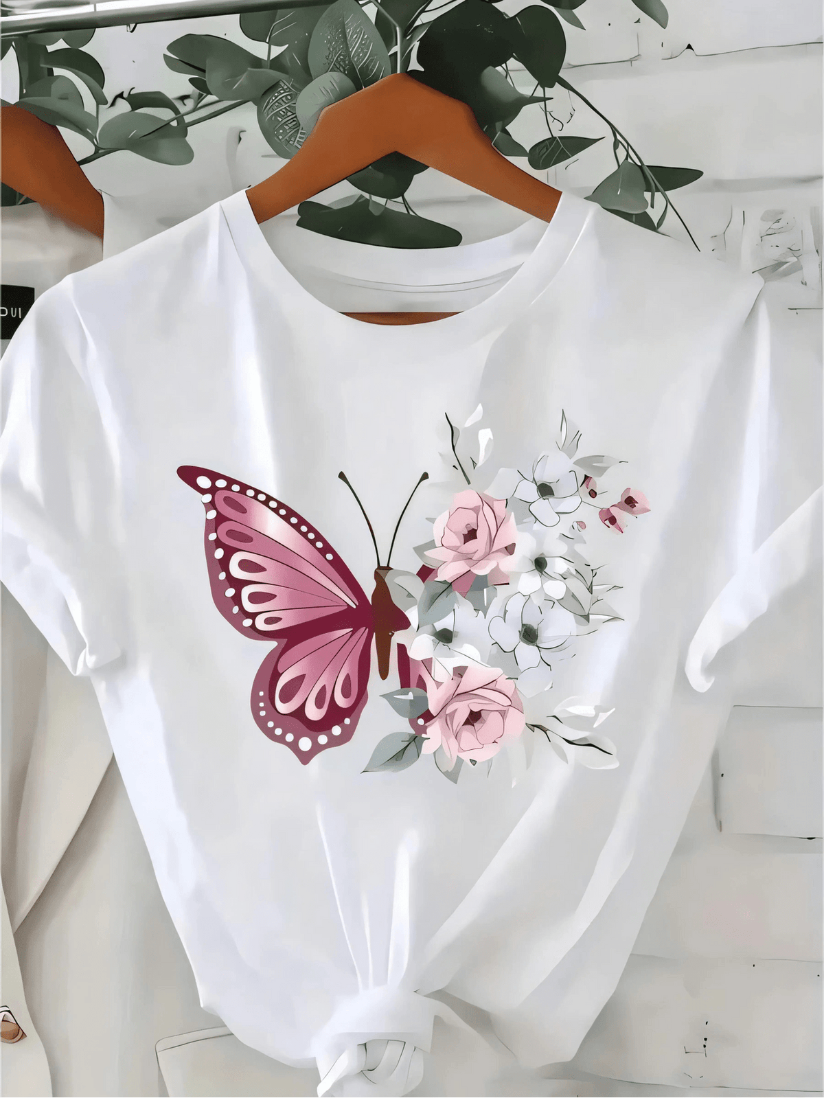 Butterfly Floral Print White Cotton Short Sleeve Tee Unisex Crew Neck Top