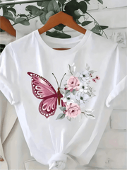 Butterfly Floral Print White Cotton Short Sleeve Tee Unisex Crew Neck Top