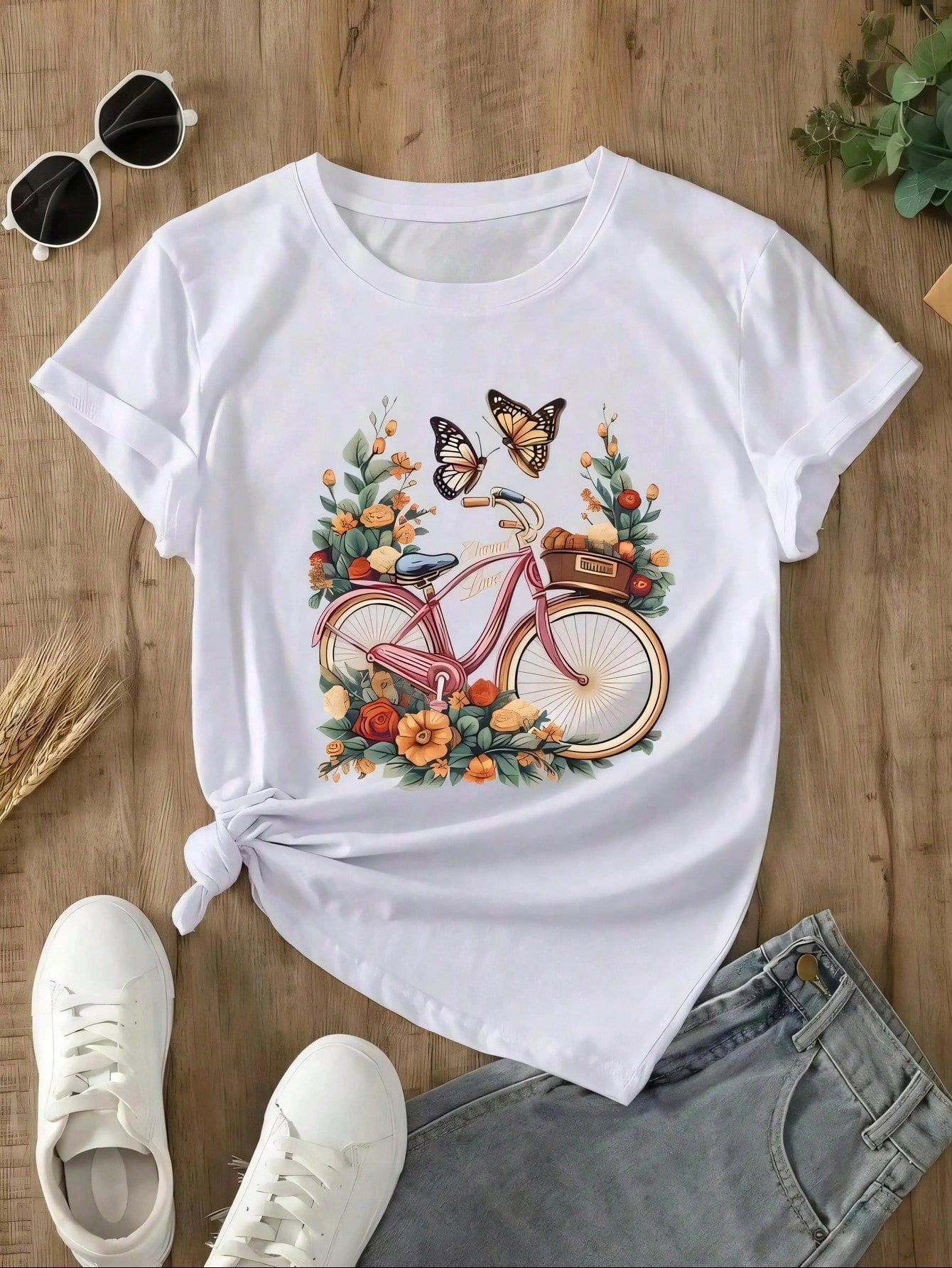 Floral Butterfly Print Tee Cotton Loose Crew Neck Streetwear Short Sleeve Top