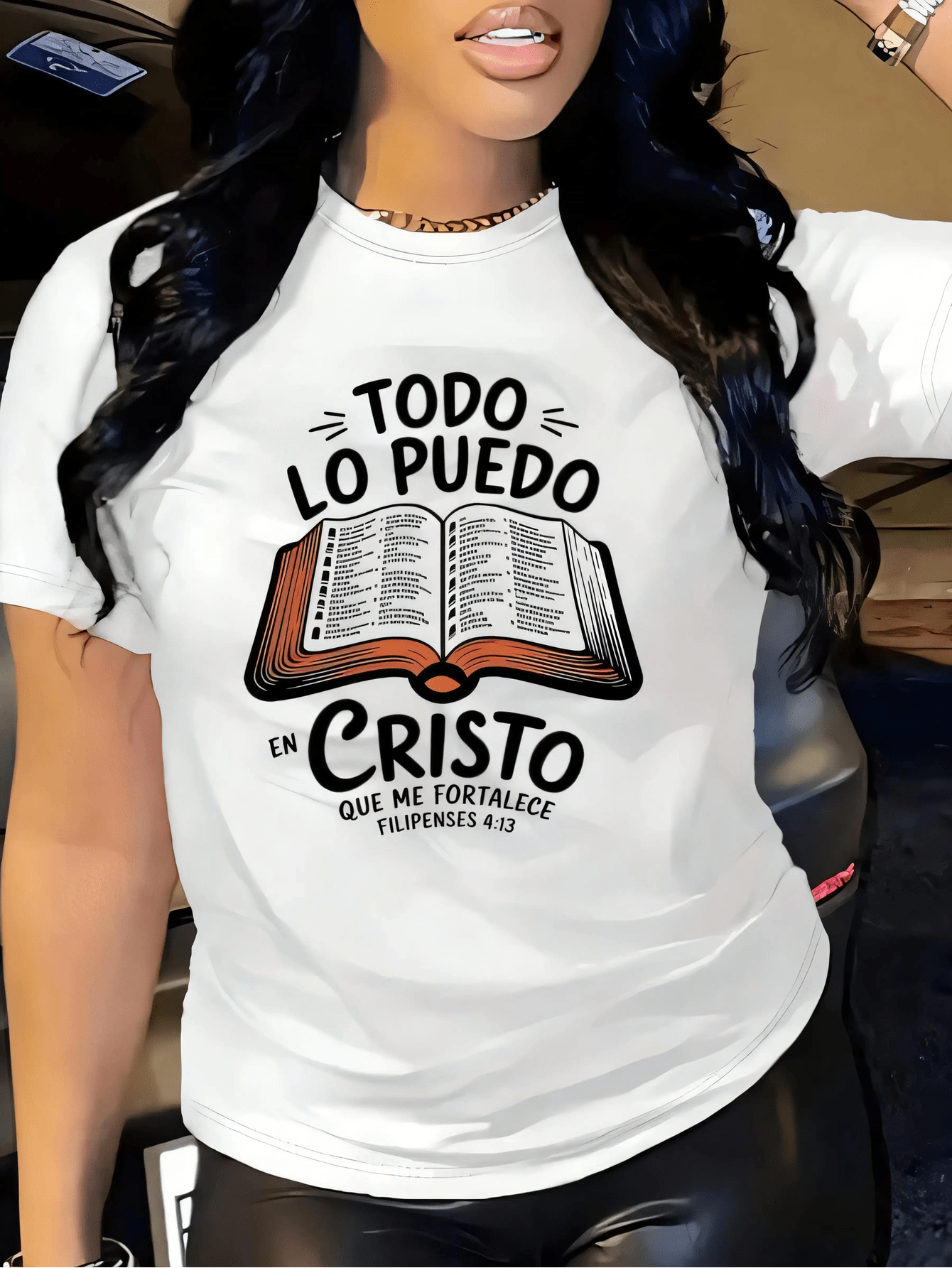 Philippians 4 13 Graphic Crew Neck Tee Spanish Bible Verse Short Sleeve Top
