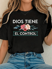 Dios Tiene El Control Graphic Crew Neck Tee Floral Cross Faith Short Sleeve Top