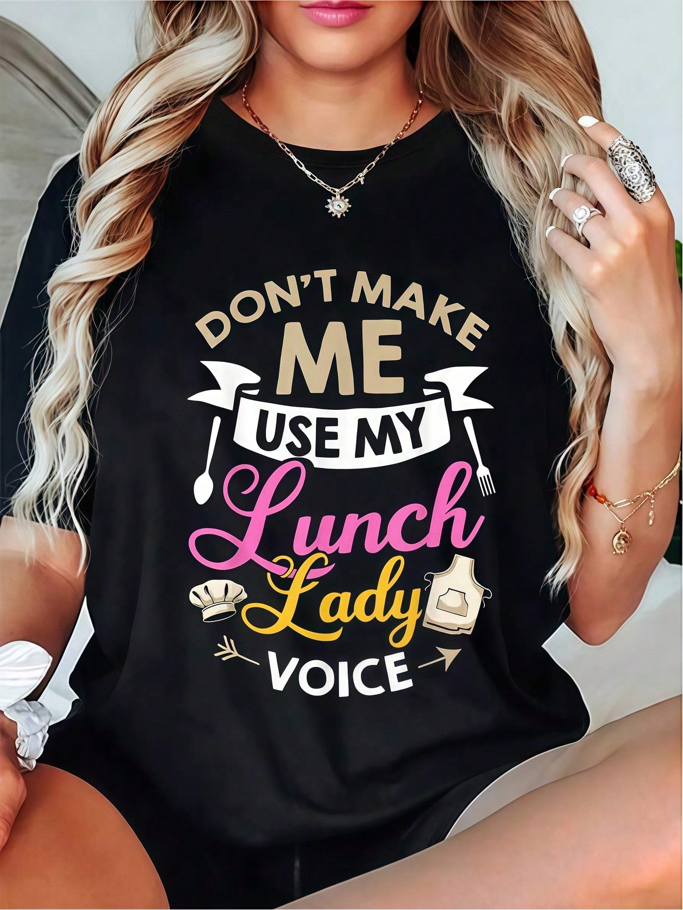 Women Funny Lunch Lady Graphic Tee, Don't Make Me Use My Lunch Lady Voice Short Sleeve T-Shirt, School Cafeteria Worker Gift