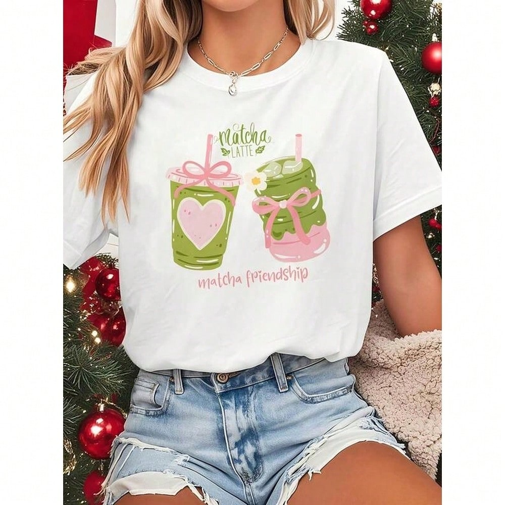 Women's Matcha Latte T-Shirt, Cute Matcha Drink Graphic, Short Sleeve Crew Neck Tee