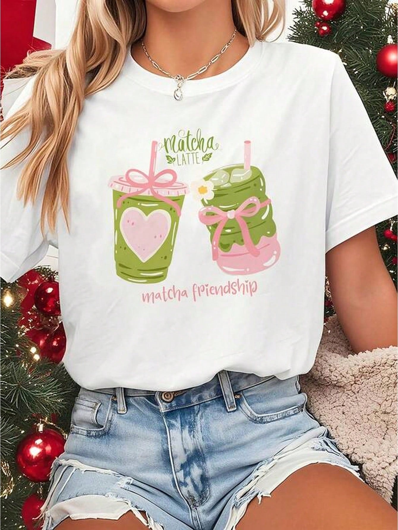 Women's Matcha Latte T-Shirt, Cute Matcha Drink Graphic, Short Sleeve Crew Neck Tee