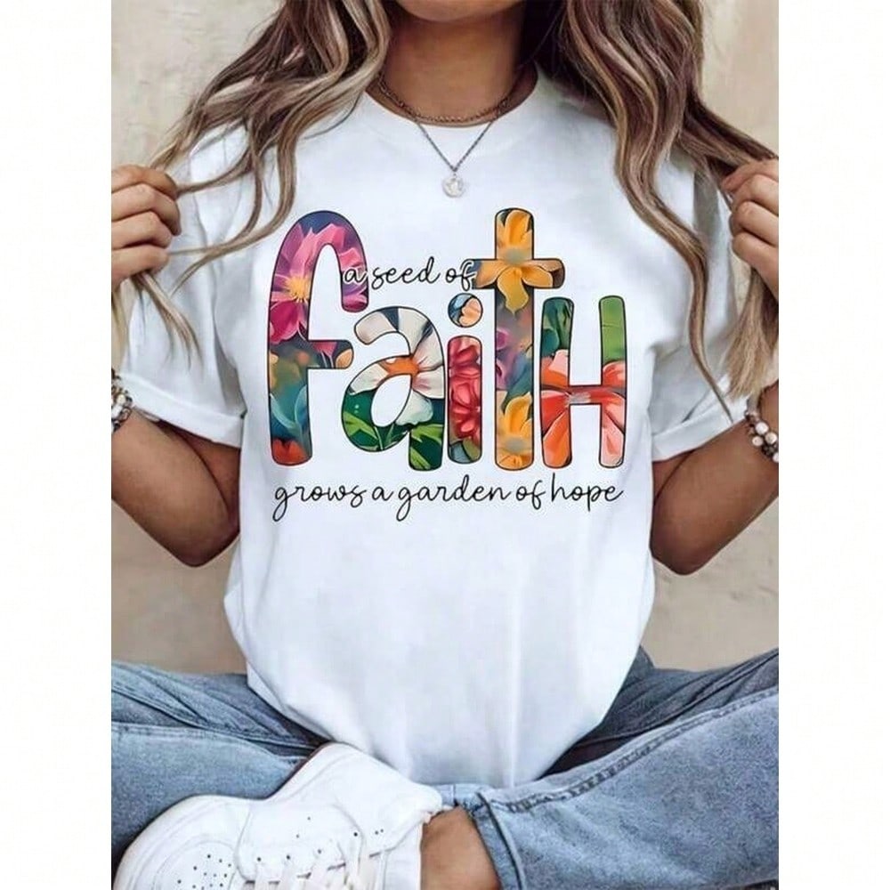 Women Round Neck T Shirt Faith Floral Print And Inspirational Quote Short Sleeve Casual Summer Wear