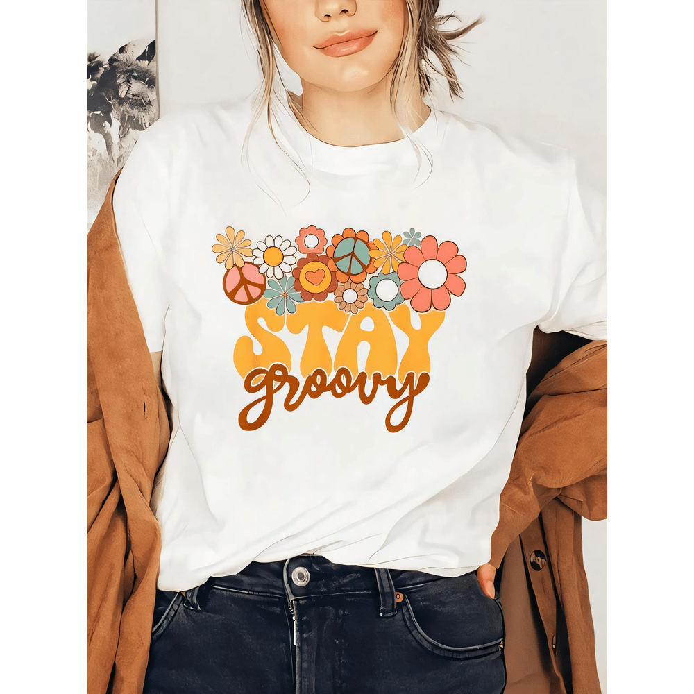 Stay Groovy Floral Hippie Print Short Sleeve Tee 70s Retro Crew Neck Top