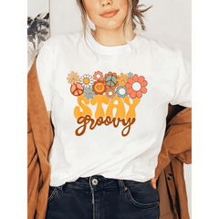 Stay Groovy Floral Hippie Print Short Sleeve Tee 70s Retro Crew Neck Top