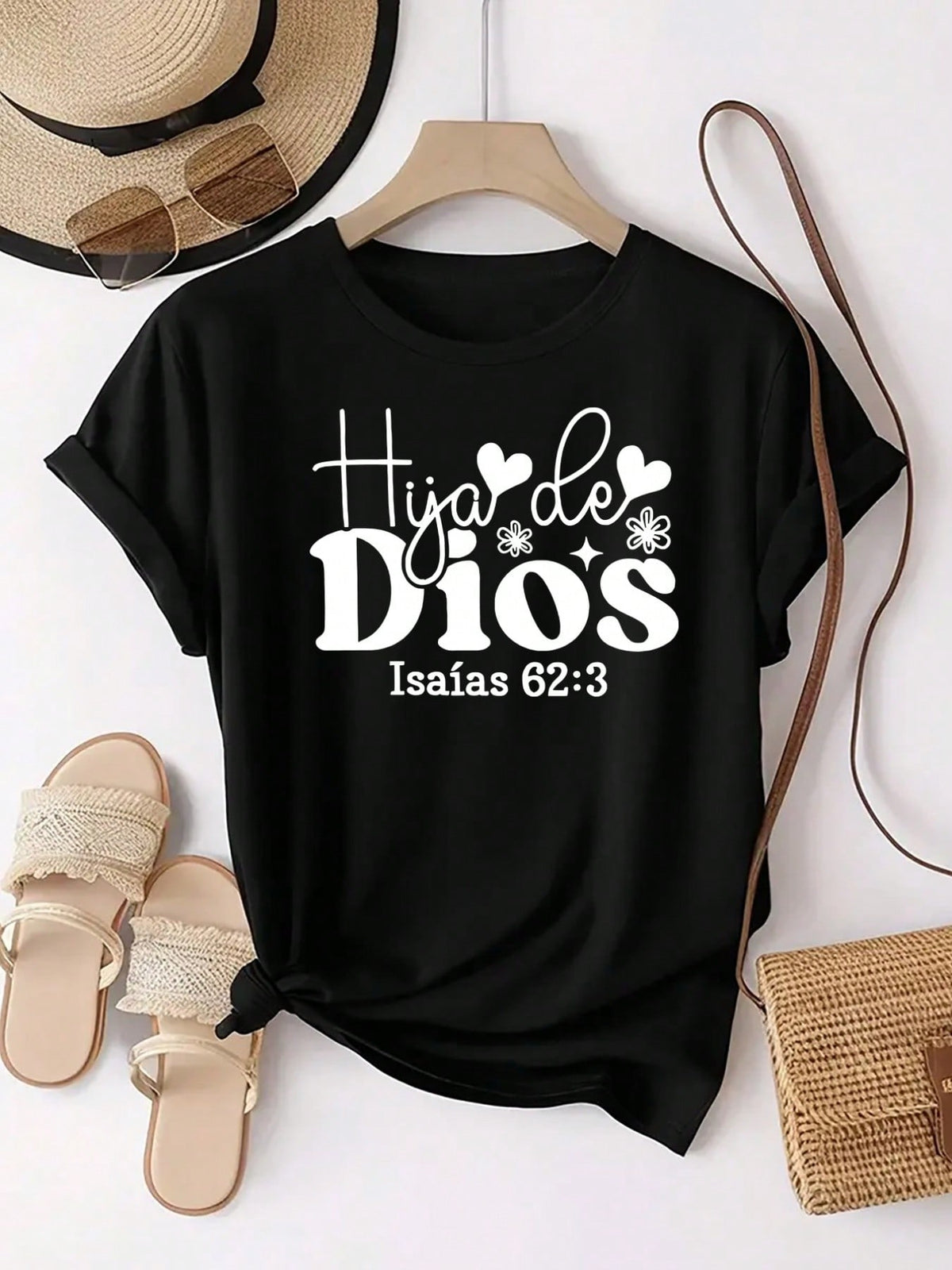 Hija De Dios Graphic Crew Neck Tee Spanish Faith Summer Cotton Short Sleeve