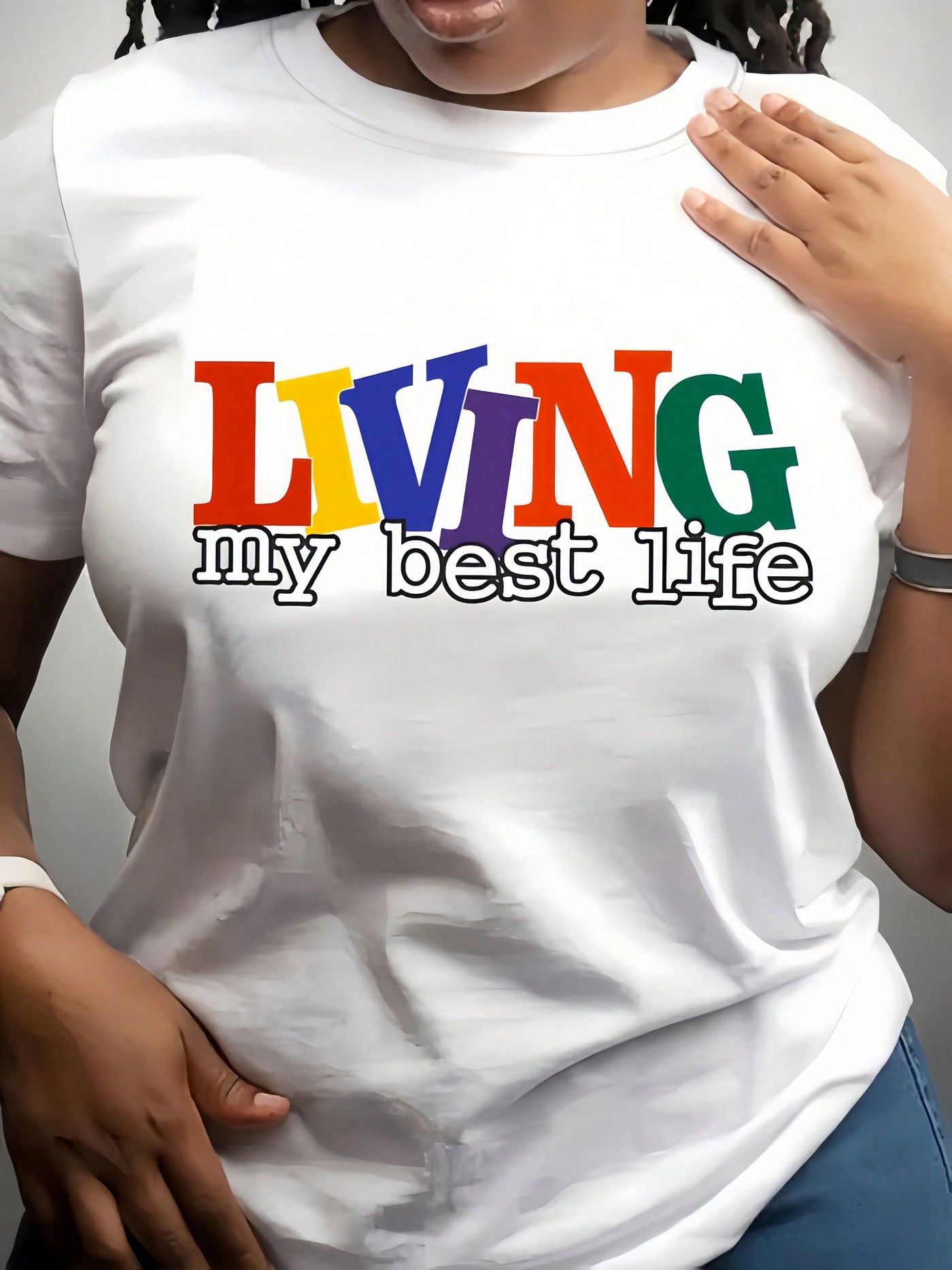 Living My Best Life Colorful Print White Cotton Short Sleeve Tee Crew Neck Top