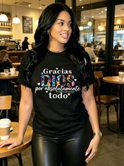 Gracias Dios Print Cotton Short Sleeve Tee Crew Neck Casual Top