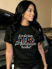 Gracias Dios Print Cotton Short Sleeve Tee Crew Neck Casual Top