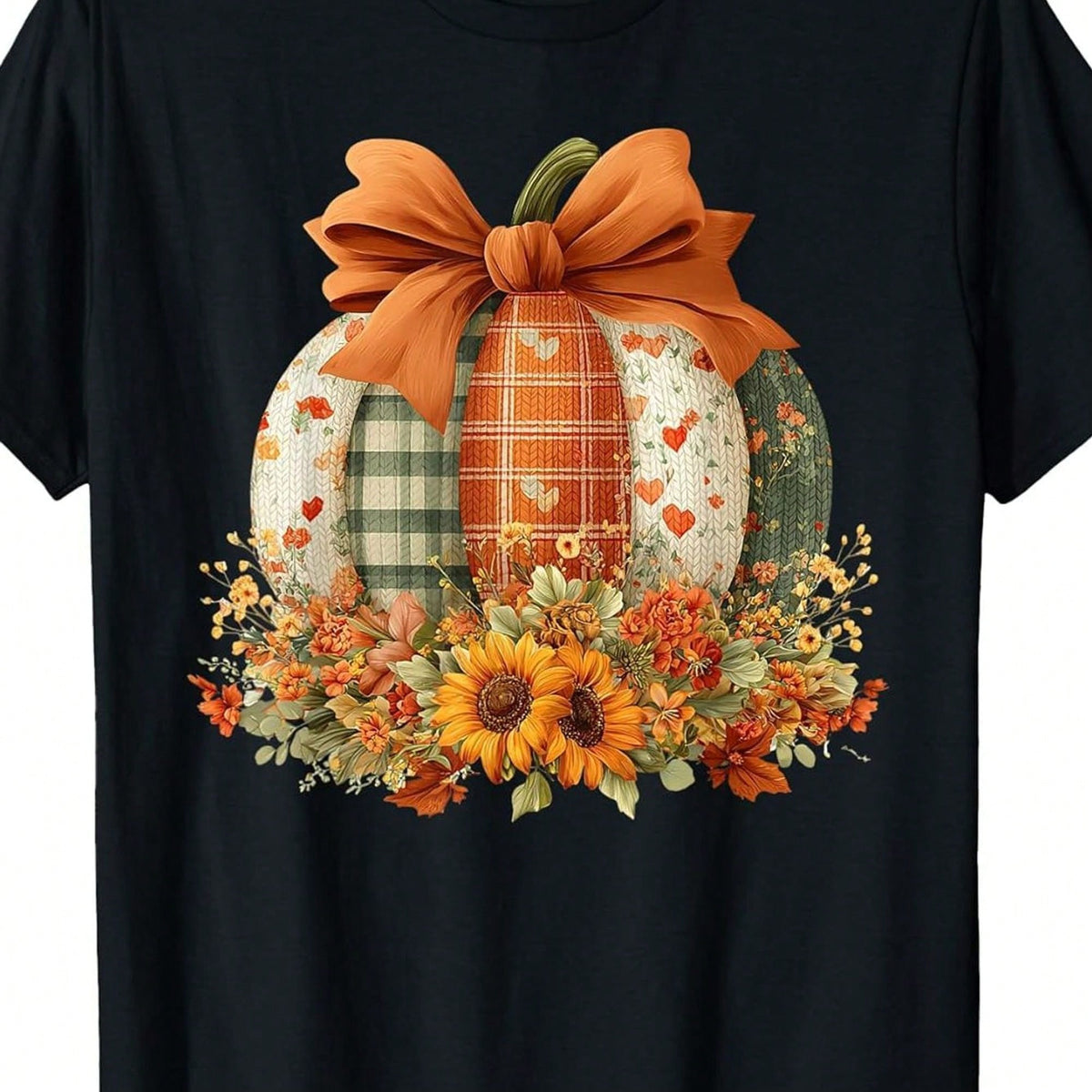 Cute Fall Pumpkin Sunflower T-Shirt for Women, Coquette Bow Autumn Shirt