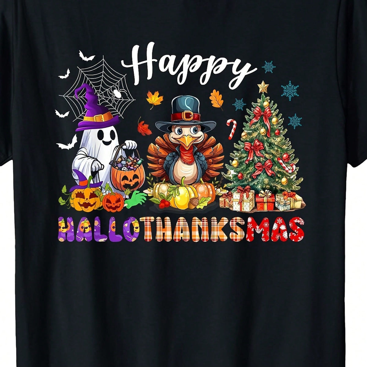 Women's Happy Hallothanksmas Graphic T-Shirt, Halloween Ghost Pumpkin Thanksgiving Turkey Christmas Tree Short Sleeve Tee, Holiday Season Casual Top