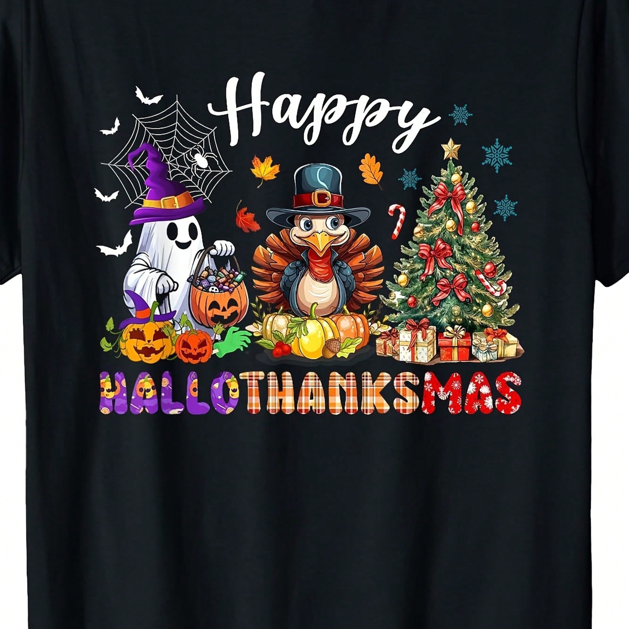 Women's Happy Hallothanksmas Graphic T-Shirt, Halloween Ghost Pumpkin Thanksgiving Turkey Christmas Tree Short Sleeve Tee, Holiday Season Casual Top