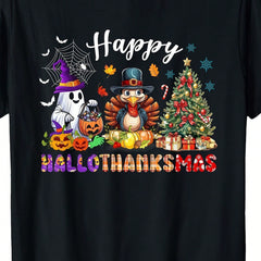 Women's Happy Hallothanksmas Graphic T-Shirt, Halloween Ghost Pumpkin Thanksgiving Turkey Christmas Tree Short Sleeve Tee, Holiday Season Casual Top