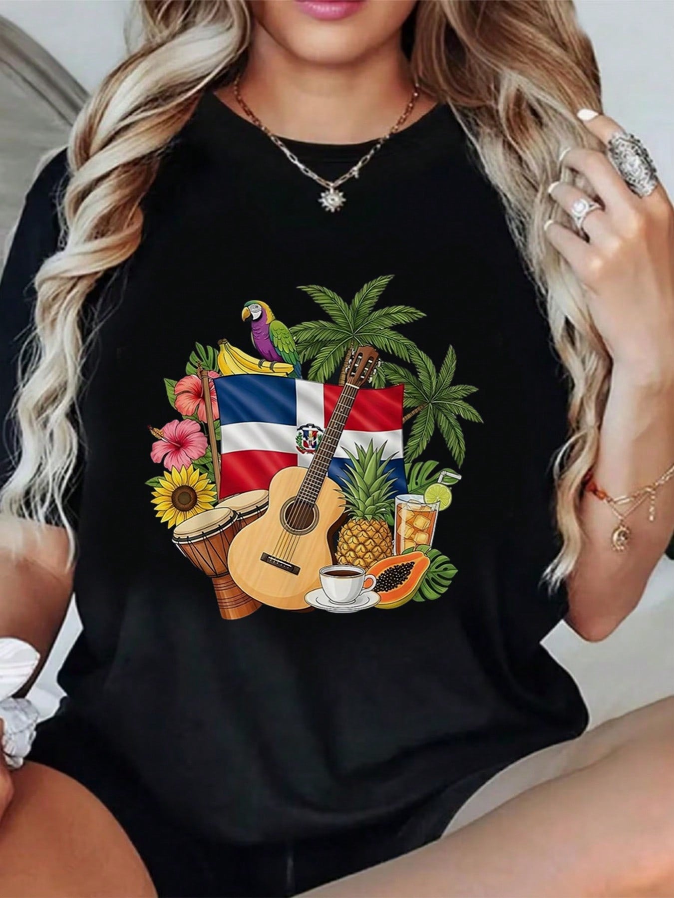 Unisex Caribbean Heritage Graphic Tee, Dominican Republic Flag Tropical Parrot Guitar Fruit Cultural Pride Short Sleeve T-Shirt