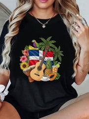 Unisex Caribbean Heritage Graphic Tee, Dominican Republic Flag Tropical Parrot Guitar Fruit Cultural Pride Short Sleeve T-Shirt