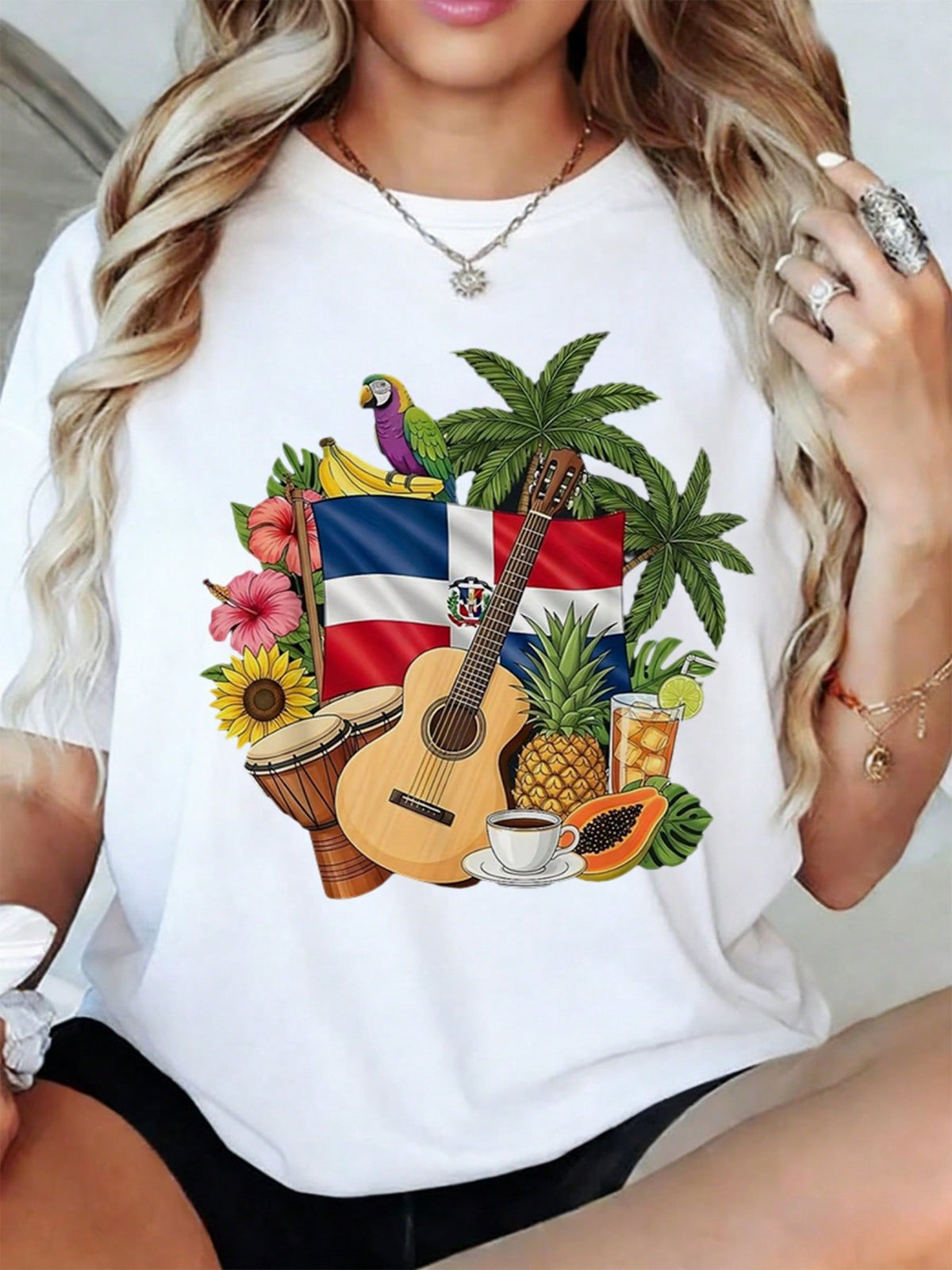 Dominican Republic Flag Graphic Crew Neck Tee Tropical Culture Loose Short Sleeve Top