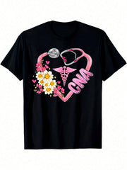 CNA Pink Heart Stethoscope Daisy Print Short Sleeve Tee Nurse Crew Neck Top